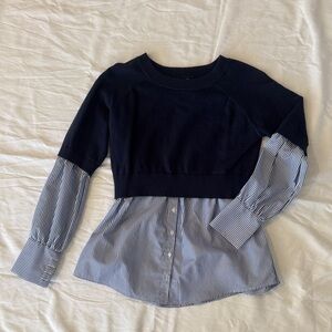 bobeau Navy Layered-Look Sweater Blouse with Striped Hem